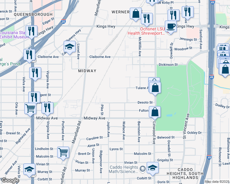 map of restaurants, bars, coffee shops, grocery stores, and more near 1826 Desoto Street in Shreveport