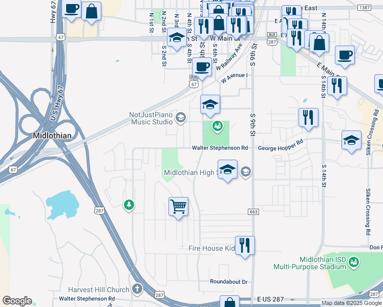 map of restaurants, bars, coffee shops, grocery stores, and more near 608 Walter Stephenson Road in Midlothian