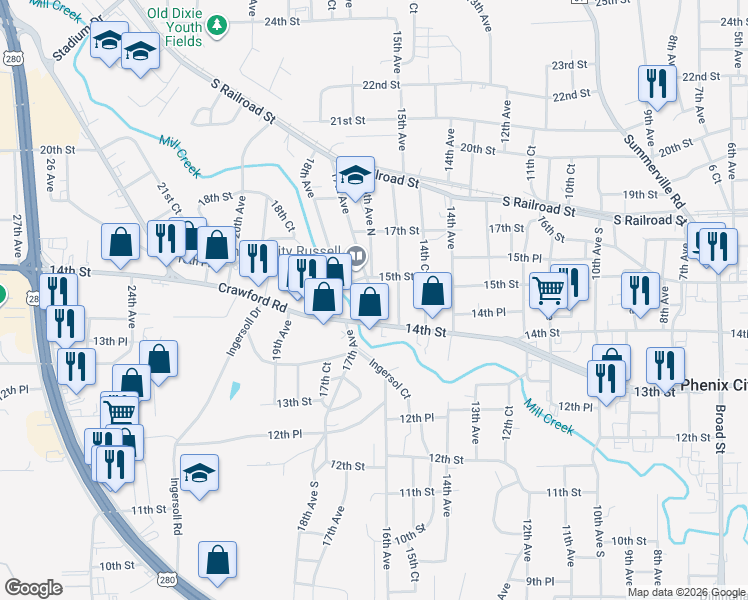 map of restaurants, bars, coffee shops, grocery stores, and more near 1700 Crawford Road in Phenix City