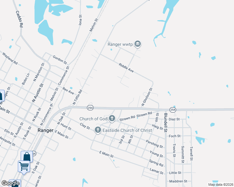 map of restaurants, bars, coffee shops, grocery stores, and more near 605 East Loop 254 in Ranger