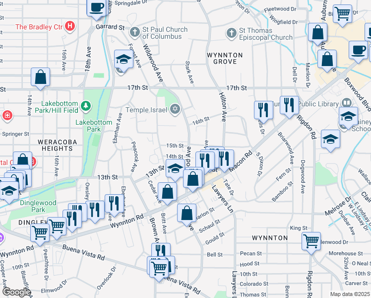 map of restaurants, bars, coffee shops, grocery stores, and more near 2252 15th Street in Columbus