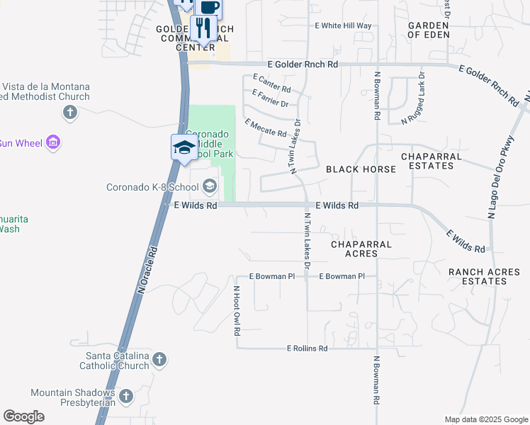 map of restaurants, bars, coffee shops, grocery stores, and more near 3541 East Nightingale Place in Tucson