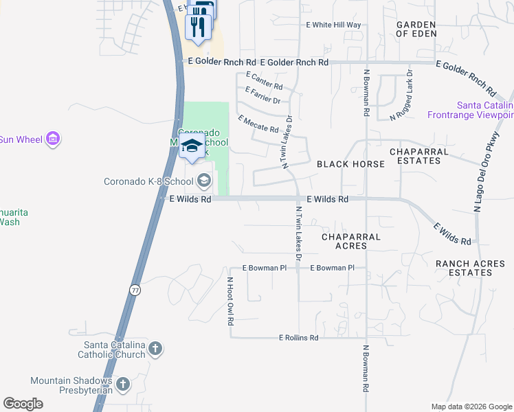 map of restaurants, bars, coffee shops, grocery stores, and more near 3541 East Nightingale Place in Tucson