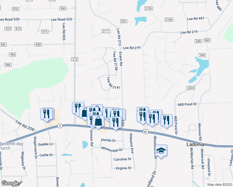 map of restaurants, bars, coffee shops, grocery stores, and more near 2 Lee Road 2144 in Phenix City