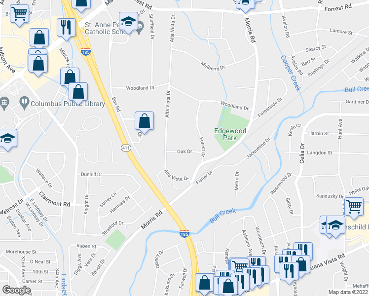 map of restaurants, bars, coffee shops, grocery stores, and more near 3737 Oak Drive in Columbus