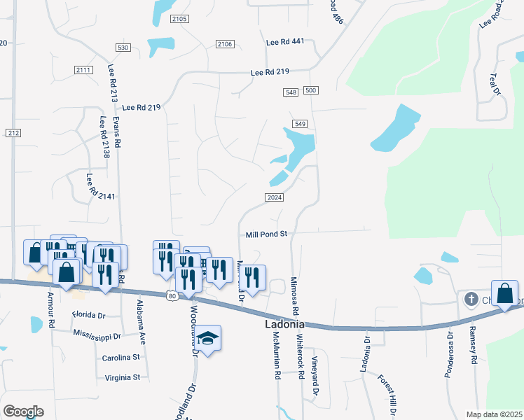 map of restaurants, bars, coffee shops, grocery stores, and more near 34 Lake Lane in Phenix City