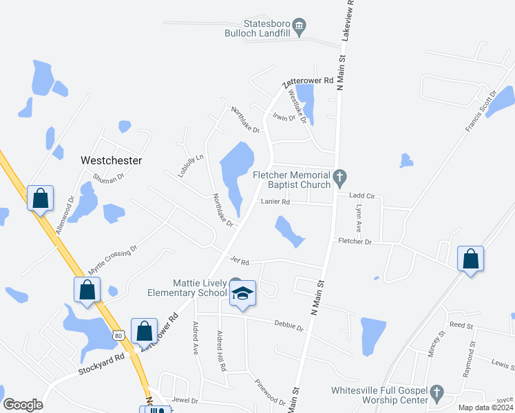 map of restaurants, bars, coffee shops, grocery stores, and more near 332 Zetterower Road in Statesboro