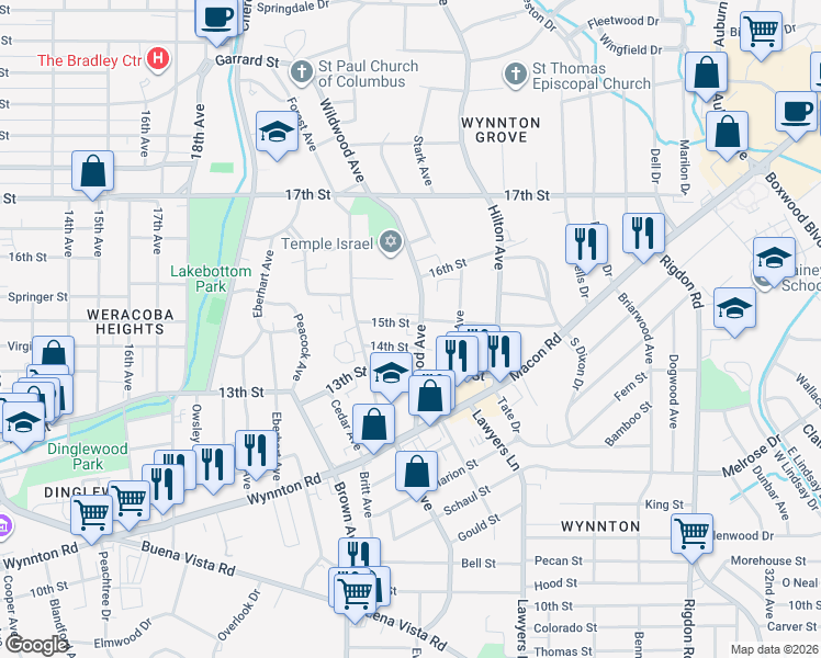 map of restaurants, bars, coffee shops, grocery stores, and more near 2237 14th Street in Columbus