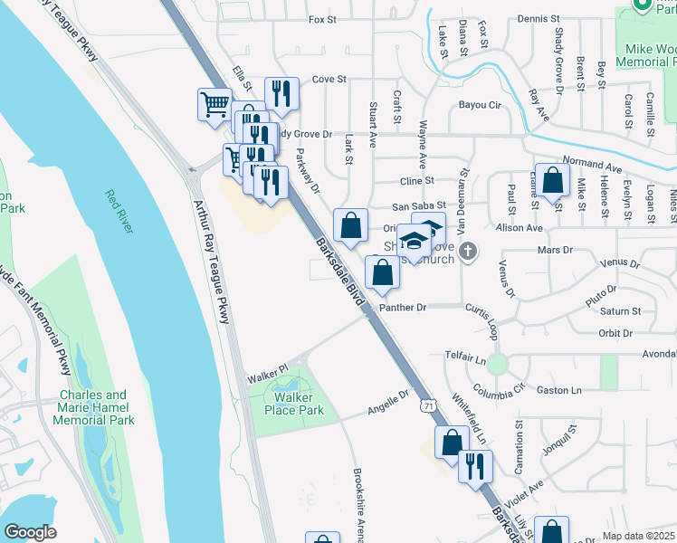 map of restaurants, bars, coffee shops, grocery stores, and more near in Bossier City