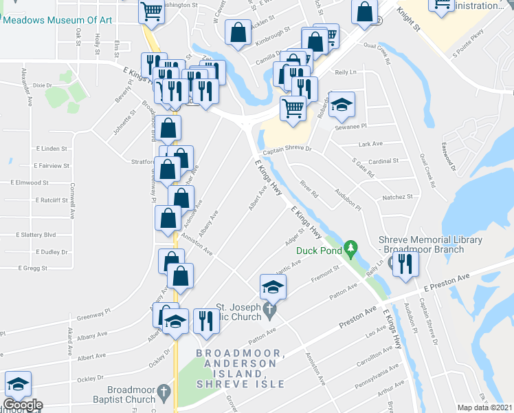 map of restaurants, bars, coffee shops, grocery stores, and more near 119 Albert Avenue in Shreveport