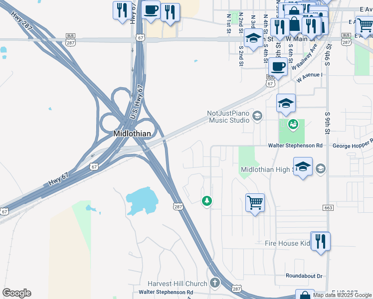 map of restaurants, bars, coffee shops, grocery stores, and more near 1034 Skyview Court in Midlothian