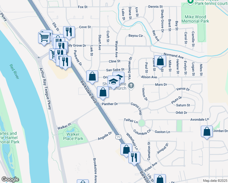 map of restaurants, bars, coffee shops, grocery stores, and more near 4301 Panther Drive in Bossier City