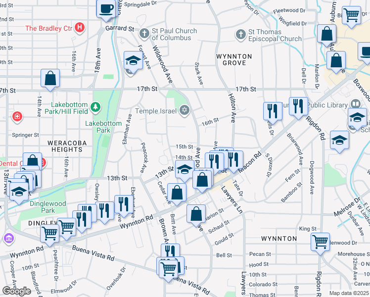 map of restaurants, bars, coffee shops, grocery stores, and more near 2237 14th Street in Columbus