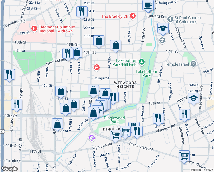 map of restaurants, bars, coffee shops, grocery stores, and more near 1354 Virginia Street in Columbus