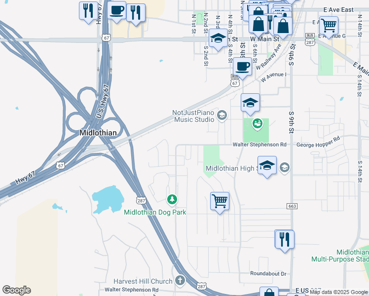 map of restaurants, bars, coffee shops, grocery stores, and more near 911 Sierra Vista Court in Midlothian