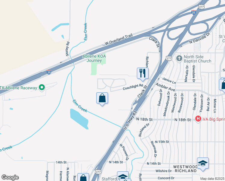 map of restaurants, bars, coffee shops, grocery stores, and more near 4101-4699 Coachlight Road in Abilene