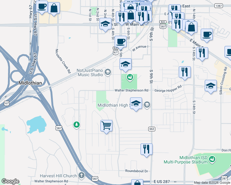 map of restaurants, bars, coffee shops, grocery stores, and more near 1309 South 5th Street in Midlothian