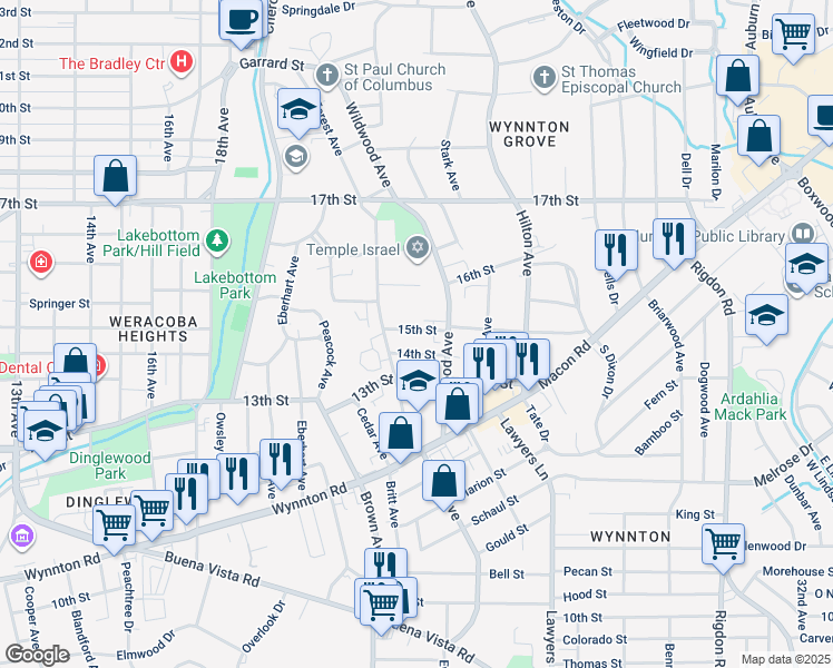map of restaurants, bars, coffee shops, grocery stores, and more near 2250 15th Street in Columbus