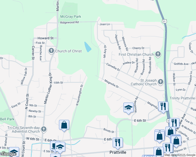 map of restaurants, bars, coffee shops, grocery stores, and more near 487 Mount Airy Drive in Prattville