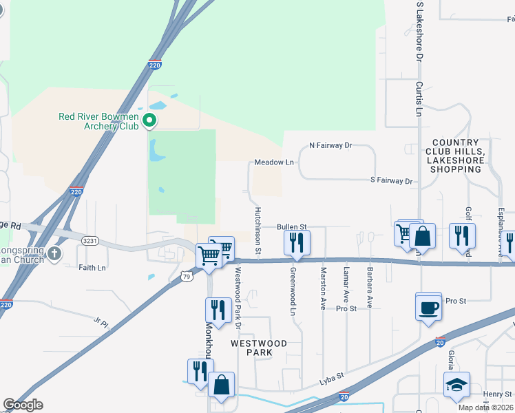 map of restaurants, bars, coffee shops, grocery stores, and more near 3860 Hutchinson Street in Shreveport