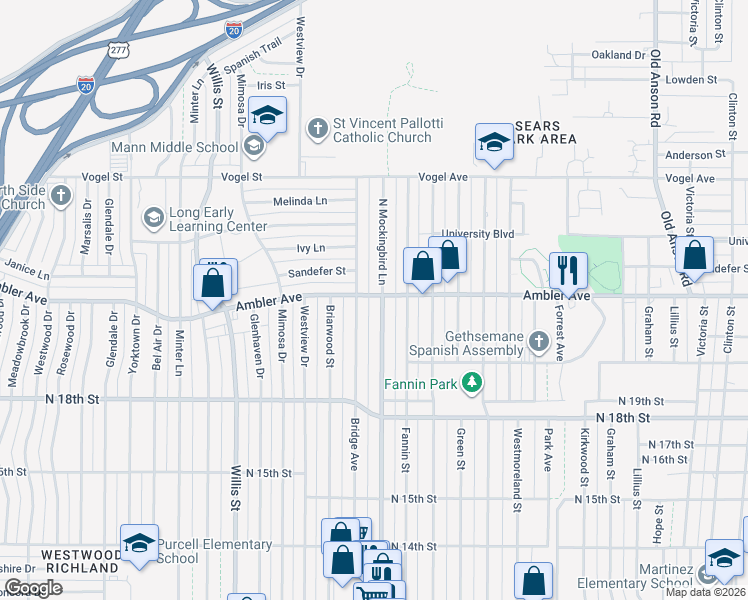map of restaurants, bars, coffee shops, grocery stores, and more near 2217 North Mockingbird Lane in Abilene