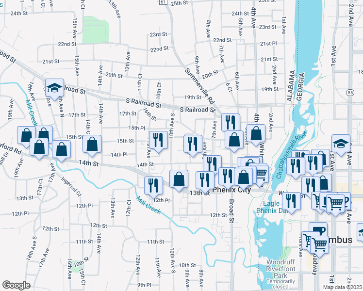 map of restaurants, bars, coffee shops, grocery stores, and more near 914 15th Place in Phenix City