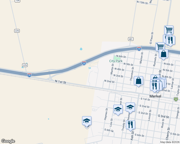 map of restaurants, bars, coffee shops, grocery stores, and more near 10179 Interstate 20 in Merkel