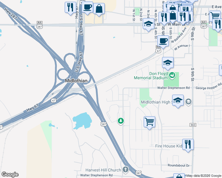 map of restaurants, bars, coffee shops, grocery stores, and more near Skyview Court in Midlothian