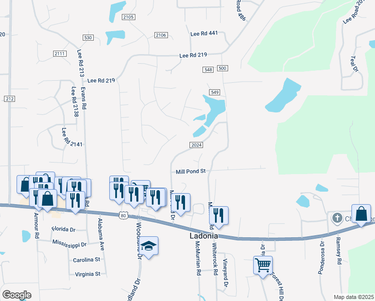 map of restaurants, bars, coffee shops, grocery stores, and more near Mill Pond Drive in Phenix City