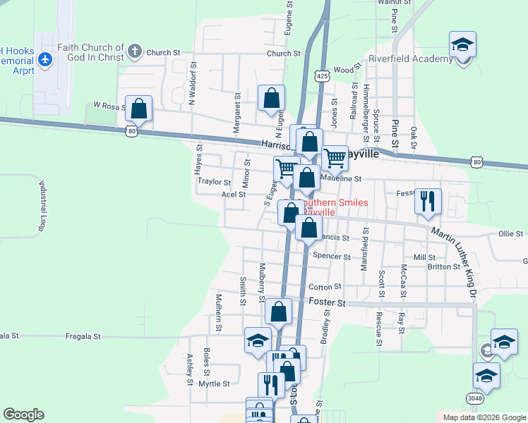 map of restaurants, bars, coffee shops, grocery stores, and more near 410 Morgan Street in Rayville