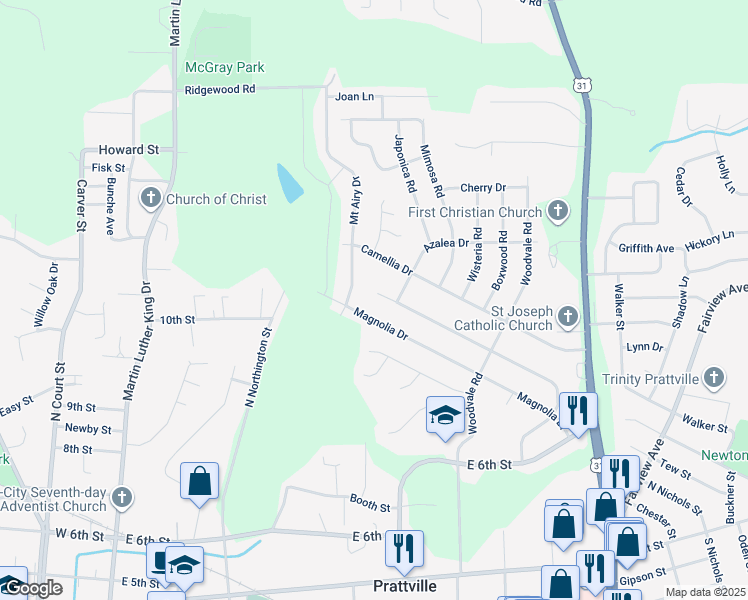 map of restaurants, bars, coffee shops, grocery stores, and more near 245 Primrose Drive in Prattville