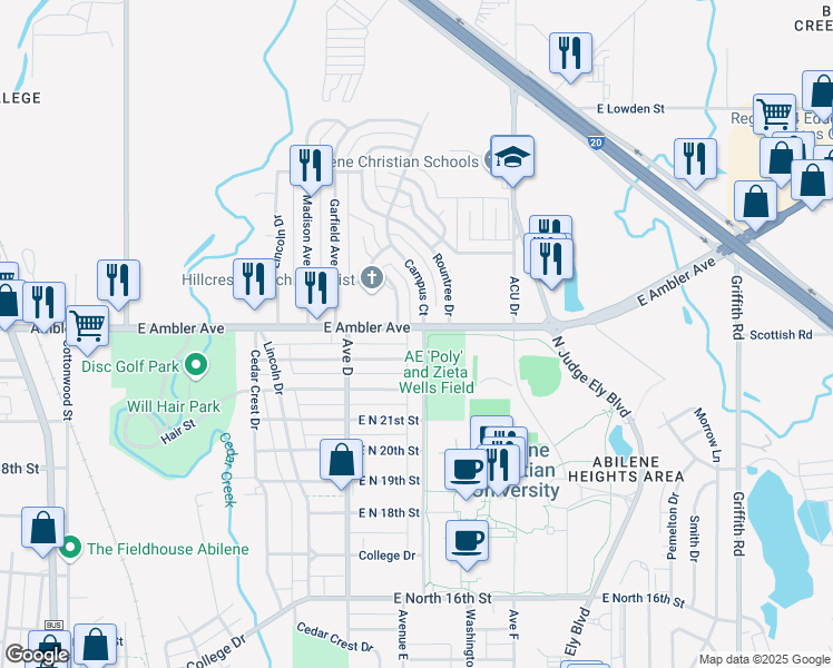 map of restaurants, bars, coffee shops, grocery stores, and more near 2326 Campus Court in Abilene