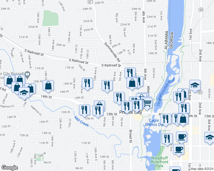 map of restaurants, bars, coffee shops, grocery stores, and more near 914 15th Place in Phenix City