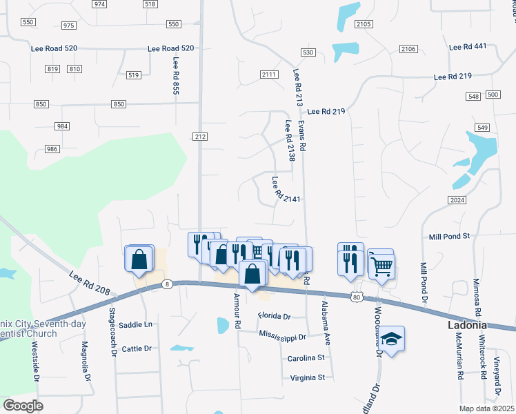 map of restaurants, bars, coffee shops, grocery stores, and more near 96 Lee Road 2143 in Phenix City