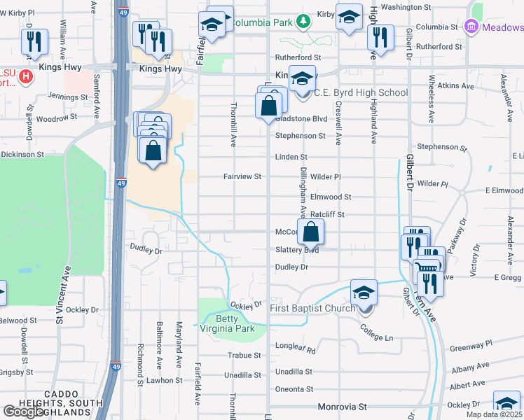 map of restaurants, bars, coffee shops, grocery stores, and more near 806 Ratcliff Street in Shreveport