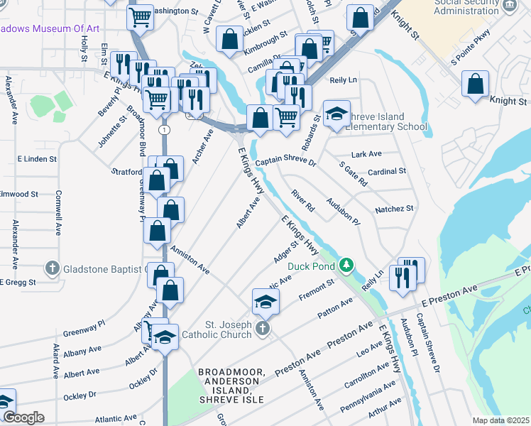 map of restaurants, bars, coffee shops, grocery stores, and more near 910 East Kings Highway in Shreveport