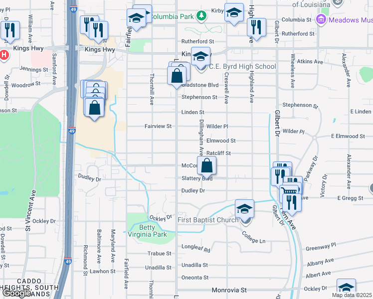 map of restaurants, bars, coffee shops, grocery stores, and more near 738 Ratcliff Street in Shreveport