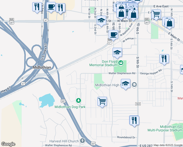 map of restaurants, bars, coffee shops, grocery stores, and more near 1300 Pecan Ridge Drive in Midlothian
