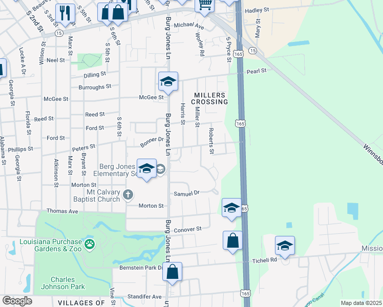 map of restaurants, bars, coffee shops, grocery stores, and more near 2601 Deloach Circle in Monroe