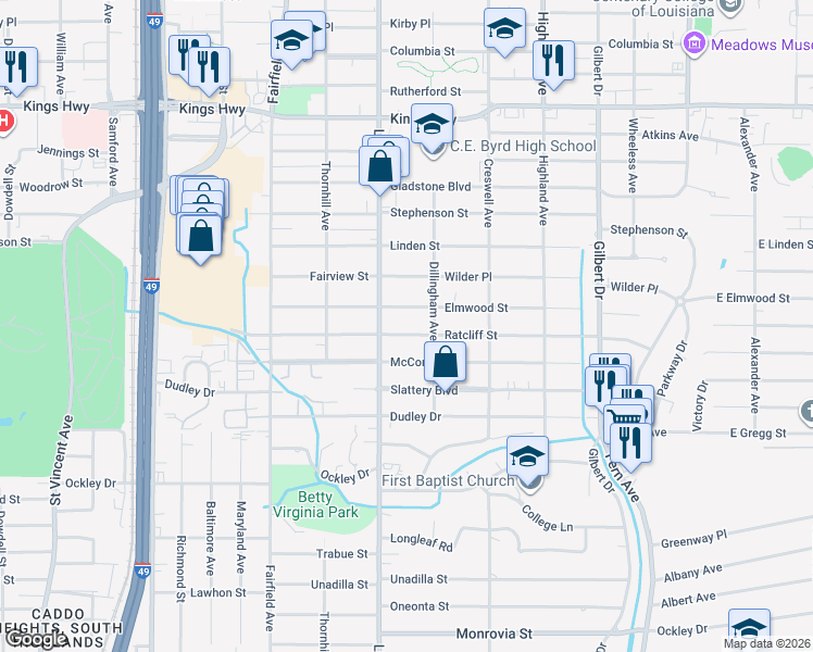 map of restaurants, bars, coffee shops, grocery stores, and more near 3730 Fairfield Avenue in Shreveport
