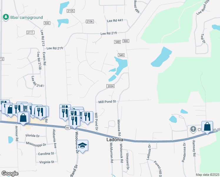 map of restaurants, bars, coffee shops, grocery stores, and more near 415 Mill Pond Drive in Phenix City