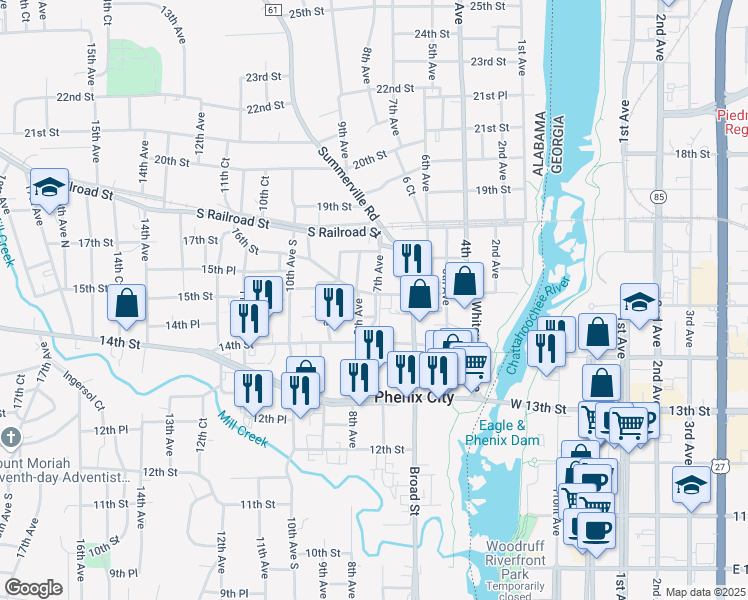 map of restaurants, bars, coffee shops, grocery stores, and more near 622 16th Street in Phenix City