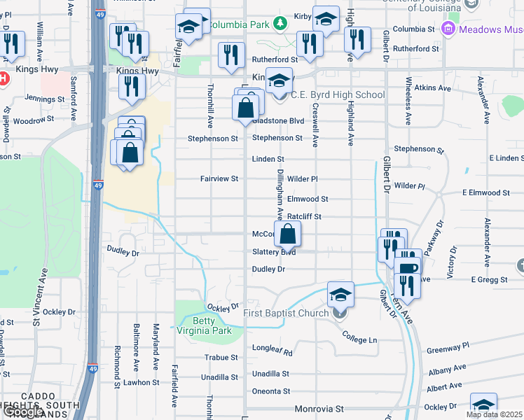 map of restaurants, bars, coffee shops, grocery stores, and more near 753 Elmwood Street in Shreveport