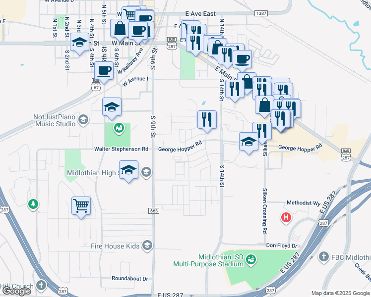 map of restaurants, bars, coffee shops, grocery stores, and more near 317 George Hopper Road in Midlothian