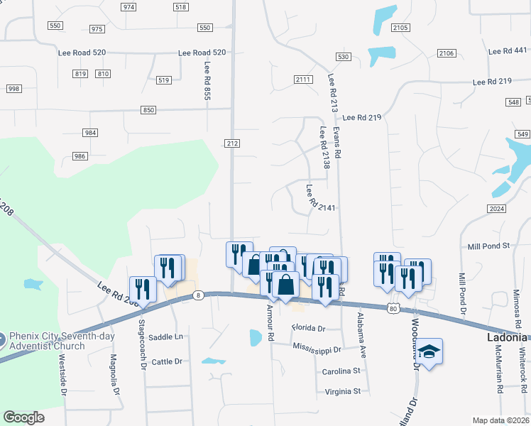 map of restaurants, bars, coffee shops, grocery stores, and more near 252 Lee Road 2140 in Phenix City