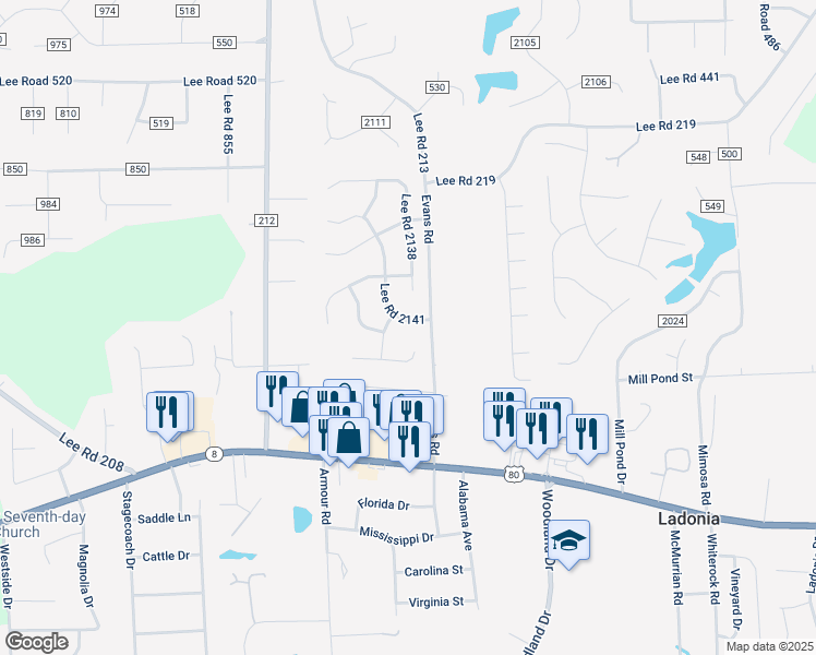 map of restaurants, bars, coffee shops, grocery stores, and more near 47 Lee Road 2141 in Phenix City