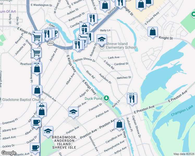 map of restaurants, bars, coffee shops, grocery stores, and more near 853 Audubon Place in Shreveport