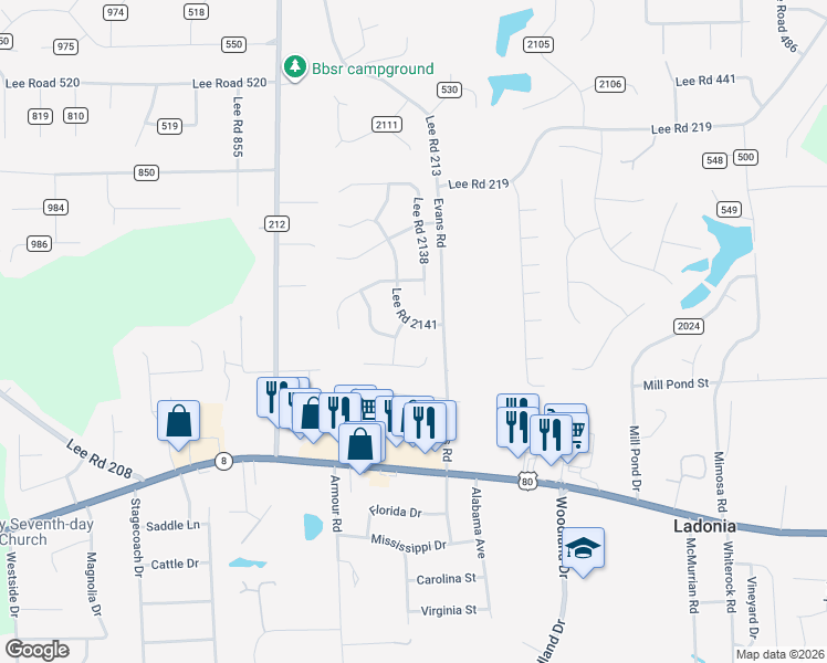 map of restaurants, bars, coffee shops, grocery stores, and more near 59 Lee Road 2141 in Phenix City