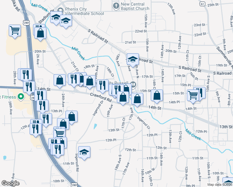 map of restaurants, bars, coffee shops, grocery stores, and more near 1850 Crawford Road in Phenix City