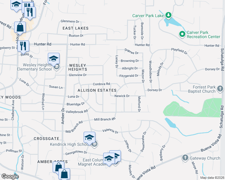 map of restaurants, bars, coffee shops, grocery stores, and more near 6212 Cordova Road in Columbus